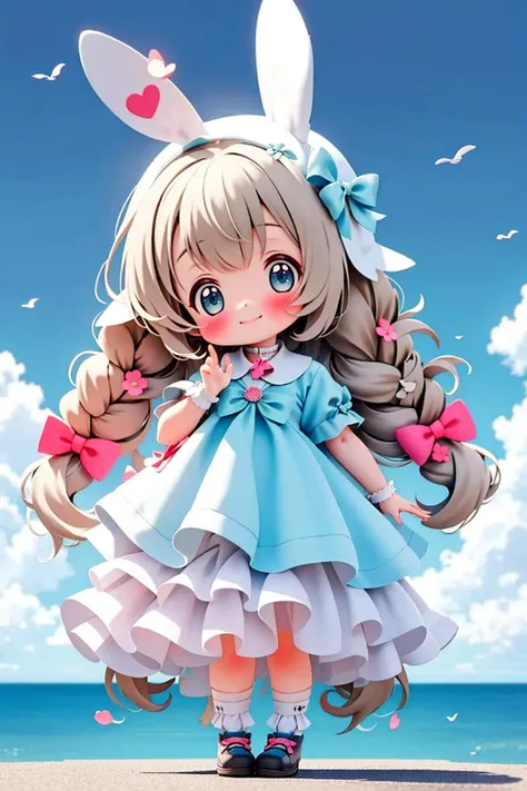 masterpiece,best quality, 1girl, chibi, solo, long hair, looking at viewer, blush, smile, bangs, blue eyes, blonde hair, dress, bow, animal ears, very long hair, closed mouth, standing, full body, braid, short sleeves, shoes, socks, hand up, grey backgroun...