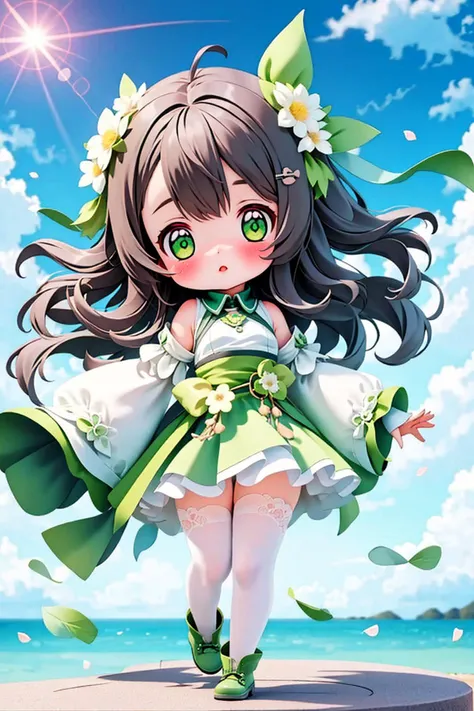 masterpiece,best quality, 1girl, chibi, solo, looking at viewer, blush, bangs, brown hair, hair ornament, thighhighs, long sleeves, dress, green eyes, standing, full body, flower, detached sleeves, hair flower, wide sleeves, white thighhighs, petals, green...