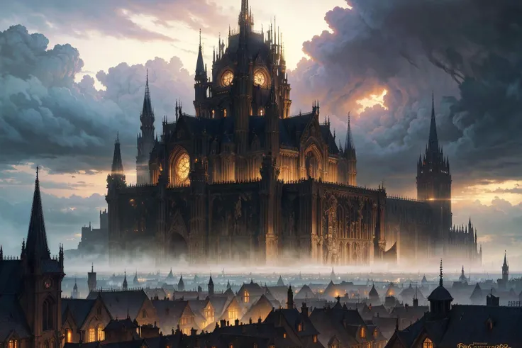 Masterpiece, old school dark fantasy painting of a sprawling gothic city, imposing palace in the distance, dark stormy clouds, by Luis Royo, by Frank Frazetta, by Gerald Brom, grim dark, retro fantasy, uhd, 4k, hdr,