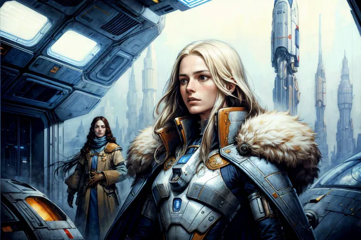 a close up of a woman in a sci - fiction suit standing in a sci - fiction setting