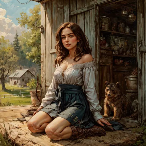 Amidst the serene backdrop of the American South, envision a resolute Southern homesteader [leaning] against. She possesses a [tall] and [slim] stature, characterized by a [youthful and beautiful figure] with [delicate curves], [narrow waist], [graceful hi...