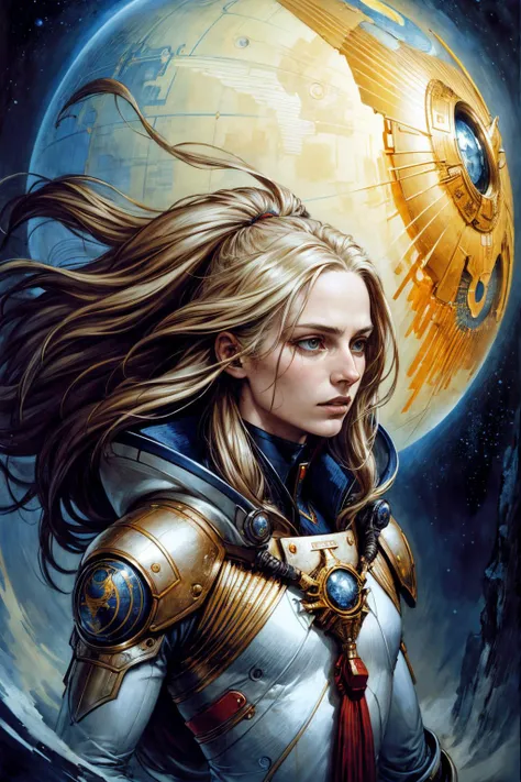 a woman in armor with a large moon in the background