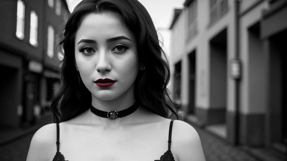 1girl, (dark red lipstick:1.3), sad smile, long eyelashes, black and white, choker
24mm, 4k textures, soft cinematic light, adobe lightroom, photolab, hdr, intricate, elegant, highly detailed, wide focus, ((((cinematic look)))), soothing tones, insane deta...