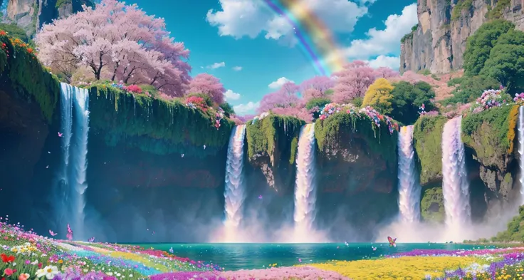 unicorn, 4k, ((masterpiece),(best quality),(ultra-detailed)), wallpaper, landscape, waterfall, butterflies, ((flowers)), colorful, rainbow,  <lora:LowRA:0.3>