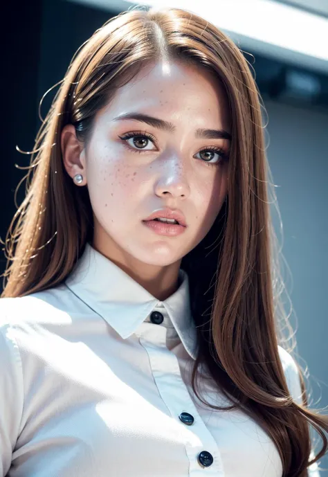 high angle kodachrome photo of a short office girl standing in a bright office near panaramic window, wearing white blouse andblack pants, top button opened, super thick highlighted hair, big round eyes, drammatic makup, arrogant look, arched back, French ...