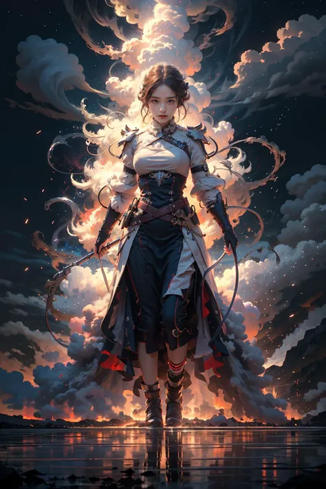 1girl,solo,full body,cloud,sky,fire,
cinematic lighting,strong contrast,high level of detail,Best quality,masterpiece,White background,<lora:Sacred_beast_v1.2:0.7>,