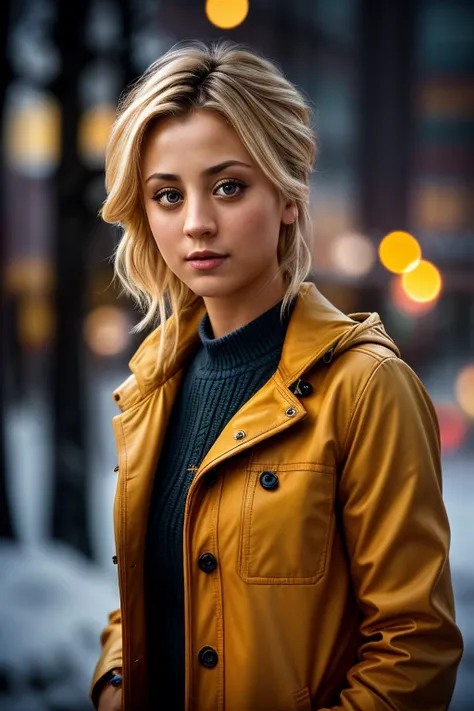 photo of beautiful (kcu0c0:0.99), a woman with perfect blonde hair, hair upsweep updo, wearing Burnt Orange (yellow raincoat:1.1),  (winter:1.1), (closeup), modelshoot style, (extremely detailed CG unity 8k wallpaper), professional majestic photography, (L...