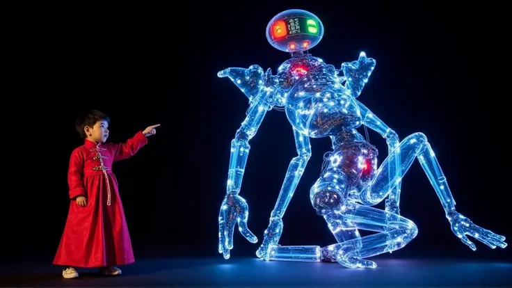 A futuristic creature made of neon, pulsating circuits and holographic limbs that phase in and out of sight. Its head is a spherical screen displaying shifting patterns of lights. A baby boy from South Korea, in a bright red traditional hanbok, stands on t...