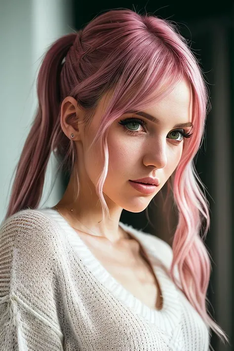 beautiful woman (0F4v3ry0f:.99), beautiful (twintails:1.2:1.1), ((portrait)), (closeup:1.2), ((from the waist up)), (( A chic, contemporary patisserie, filled with delicate pastries and a modern, inviting atmosphere :1.2)) , natural skin texture, (( Sweate...