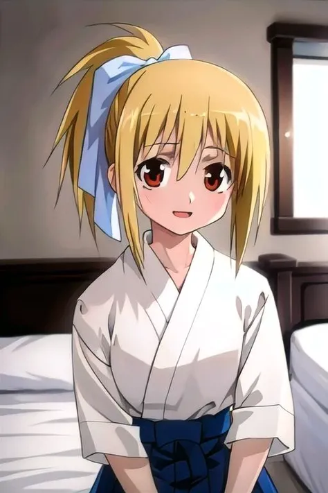 (1girl), masterpiece, best quality, absurdres, cute, extremely detailed face, perfect lighting, (bedroom), chiba kirino, blonde hair, ponytail, hair bow, <lora:model-BambooBlade-Chiba_Kirino:0.8>, japanese clothes, hakama,