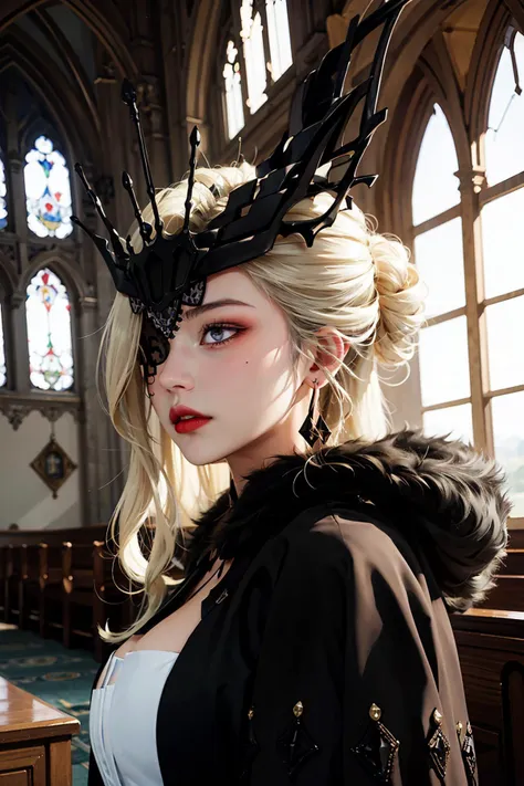 blond woman with black hair and a black crown in a church