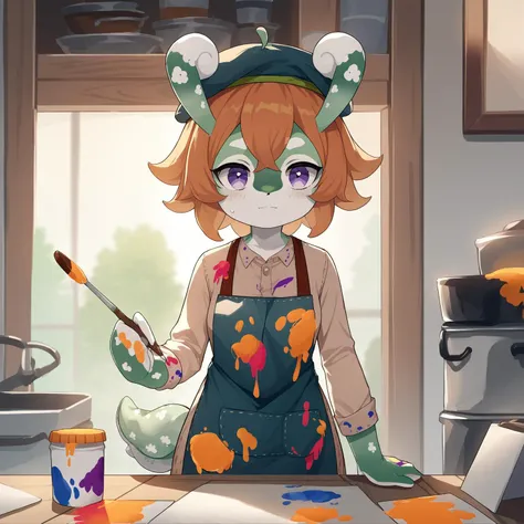 score_9, score_8_up, score_7_up, score_6_up, score_5_up, source_anime, <lora:MelusineSDXL-V1:1>, BREAK
melusine, green skin, purple eyes, orange hair, curly ears, stubby tail, blue beret, blue apron, white shirt, paint on clothes