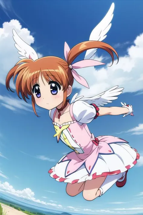 a girl in a pink dress flying through the air