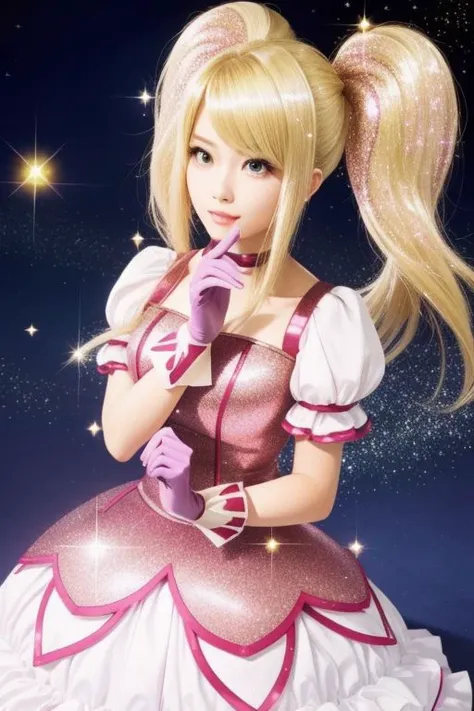 (samus aran) dressed in (puffy pink kanamemadokaoutfit), (blonde girly twintails), magical girl, masterpiece, best quality, (perfect face, beautiful face, symmetric face), (sparkles, sparkling hair, sparkling clothes, sparkles around face:1.3)