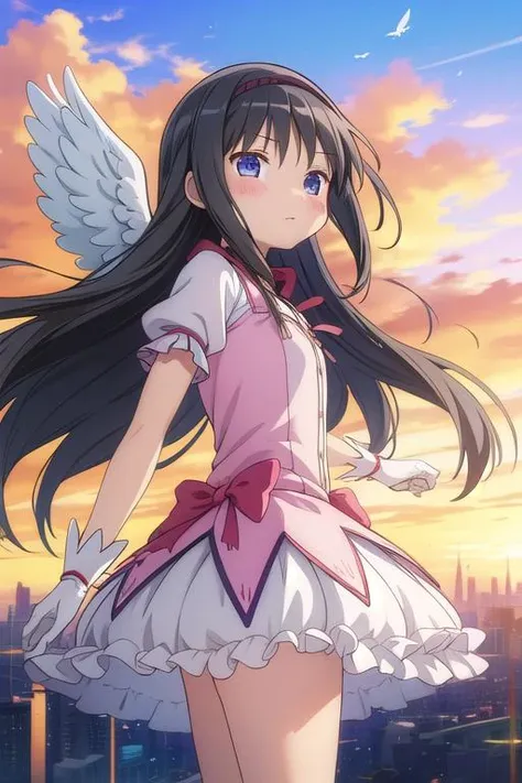 a girl in a pink dress with wings standing on a rooftop