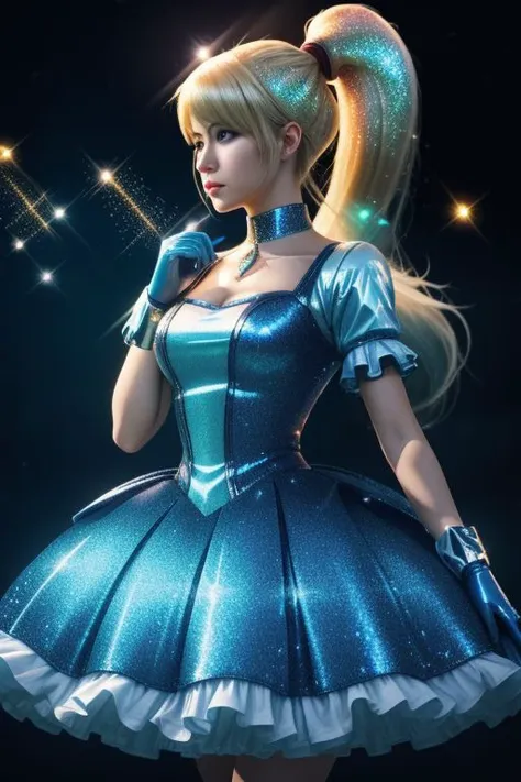 (samus aran) dressed in (puffy blue latex kanamemadokaoutfit), (ponytail), magical girl, masterpiece, best quality, (perfect face, beautiful face, symmetric face), (sparkles, sparkling hair, sparkling clothes, sparkles around face:1.3),
ultra wide angle sh...