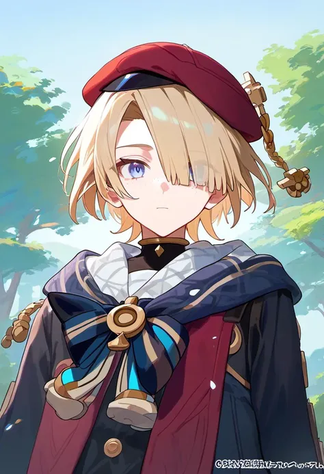 score_9,score_8_up,score_7_up, freminet_(genshin_impact), 1boy, male_focus, blonde_hair, highres, freckles, hair_over_one_eye, blue_eyes, short_hair, black_headwear, beret, long_sleeves