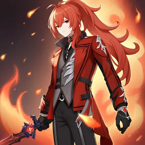 score_9,,diluc_(genshin_impact), diluc_(red_dead_of_night)_(genshin_impact), male_focus, 1boy, black_gloves, long_sleeves, official_alternate_costume, ponytail, black_shirt, black_pants, high_ponytail, sidelocks, red_coat, fire, chain, red_jacket, collared...