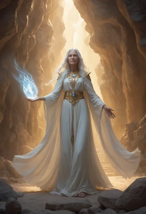 medium shot, DonMM1y4XL old woman, male colossus  holy magic radiant, soft golden light, emanates warmth, sense of peace, gently floating ethereal figures and symbols,  presence brings a sense of hope and sanctity, crystal caves, moonmilk,  <lora:DonMM1y4X...