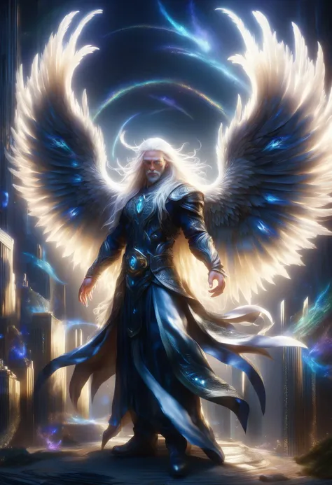 a man with wings standing in front of a city