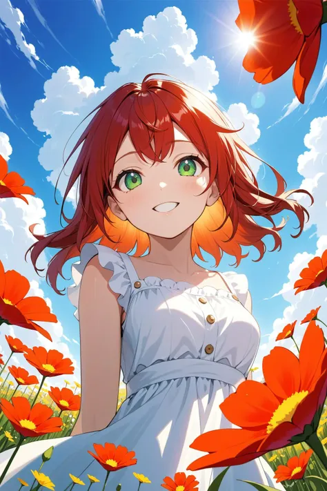 tele angle, from below, close up picture, 1girl, red hair, in a field of flowers, happy, green eyes, clouds, hard lighting, summer dress