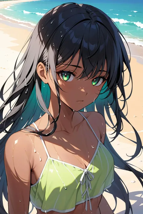 solo, sidelighting, gossamer, green eyes, long black hair, beach clothes, midriff , shadow, colors, portrait, dark skin, wet hair, <lora:omeme_momo4:1>