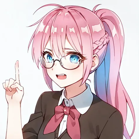 (high quality, high resolution:1.3), 4k, masterpiece, (white background:1.2), 
BREAK
1girl, <lora:UhmActually:0.8>, glasses,index finger raised,(upper teeth:1.1), <lora:shikimorisanv3-000010:0.7> ,shikimorisan, 1girl, pink hair, ponytail, long hair, blue e...