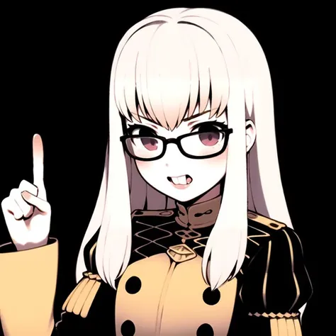 anime girl with glasses and a black jacket pointing up