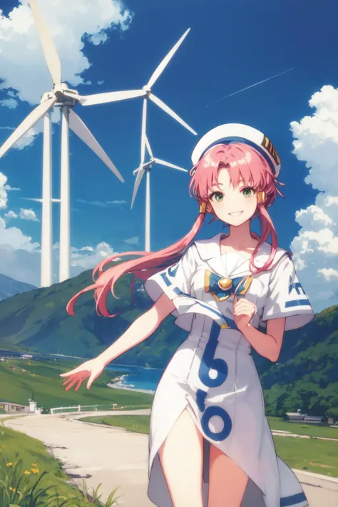 <lora:Mizunashi Akari_v1:0.8> mizunashi_akari, sailor collar, white dress, hat, standing, mountain, wind turbine, cloudy sky, smile, cowboy shot, masterpiece, best quality, highres, <lora:GoodHands-vanilla:1> nice hands, perfect hands