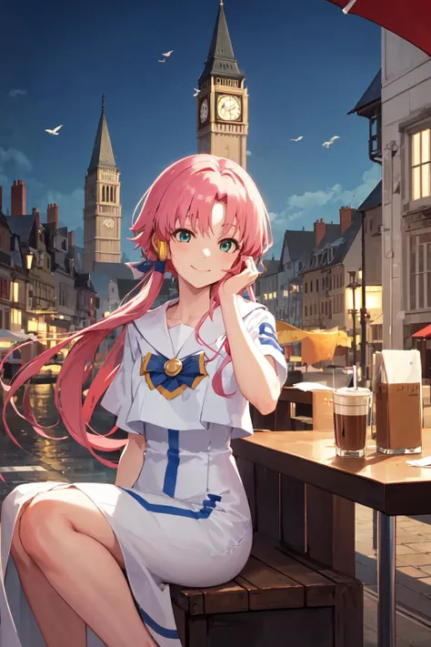 <lora:Mizunashi Akari_v1:0.8> mizunashi_akari, sailor collar, white dress, outdoors, restaurant, sitting, clock tower, latte, cityscape, flying bird, light smile, hand on own face, close-upstanding sign, masterpiece, best quality, highres, <lora:GoodHands-...