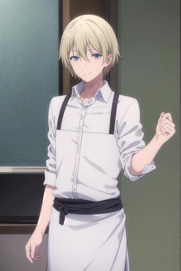 blendsdino, <lora:blends dino s1-lora-nochekaiser:1>,
dino, short hair, blonde hair, hair between eyes, blue eyes, male focus, smile,
BREAK shirt, white shirt, collared shirt, pants, apron, brown footwear, black pants, waist apron, black apron,
BREAK indoo...