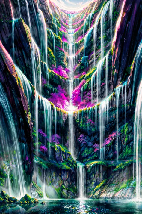 Illustration of large (waterfalls:1.4), shining (crystals:1.1) and suspiciously shiny gems are flowing in the river, a girl is holding a crystal, infrared photography, otherworldly hues, surreal landscapes, unseen light, ethereal glow, vibrant colors, ghos...