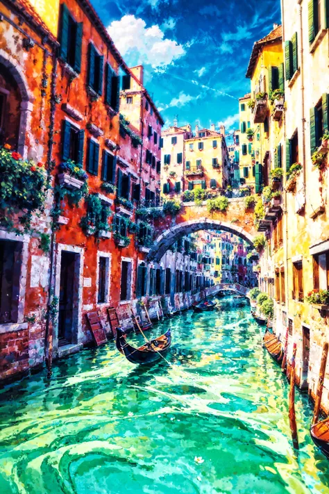 In (Venice:1.2), A girl is riding a (gondola:1.2), Its moving slowly along the canal, The (gondolier:1.1) steers the gondola, singing the song echoes on the water surface, Venice is the city of water BREAK The water surface reflects colorful buildings and ...