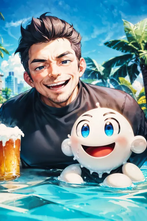 An atractive middle-aged man is (laughing loudly:1.3), He is holding a foamy beer mug, He is engrossed in a funny conversation with his friend without caring about his surroundings, His face is red as showing that he is drunk, The beer mug is wet from the ...