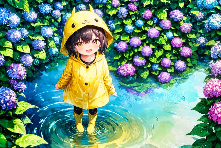 children in yellow (raincoats:1.3) walk home, they wear rubber boots, various colors of (hydrangeas:1.2) bloom profusely along the roadside, the children admire the flowers, smile, happy, absurdres, ultra detailed, highres, rainy season, rain, water drop, ...