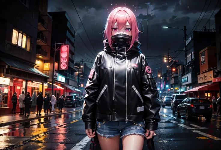 1girl, large breasts, cyberpunk, cyber helmet, oversized clothes, oversized jacket, (((night))), neon light, holding weapon, cowboy shot, (((road))), urban, city, denim shorts, denim jacket, pink hair, mouth mask, standing, industrial pipe, outdoors, (((fa...