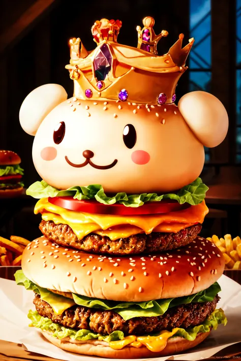 A (mascot character:1.3) of a hamburger wearing a (crown:1.1) is the king of burger. The burger has a smiling face with eyes, nose, and mouth. The crown is golden and has jewels on it., absurdres, ultra detailed, highres, personified hamburger character, (...
