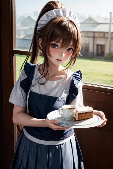 arafed girl in a blue dress holding a plate with a piece of cake on it