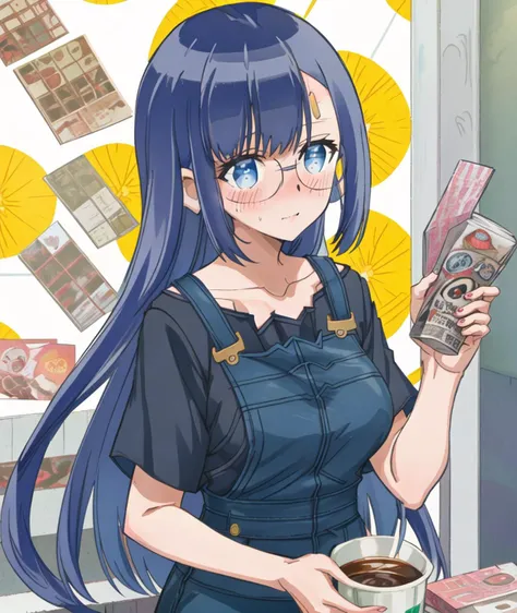 anime girl with blue hair holding a cup of coffee and a cell phone