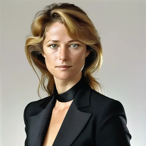 realistic upper body portrait photo, gnilpmarettolrahc, woman, upper body, white background, black suit, formal, 
 <lora:Charlotte Rampling 2 SDXL:1>