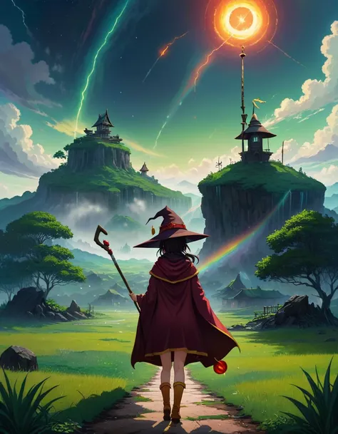 Color Field Painting 1girl megumin with witch hat and cape and one staff, from behind, facing away , 
outside Sustainable, Green Courthouse in Floating Islands, Hailstorm Weather Tranquil sky at Morning light
 <lora:MeguminXL_v2.5:1>, <lora:SDXL - Wrong:1>...