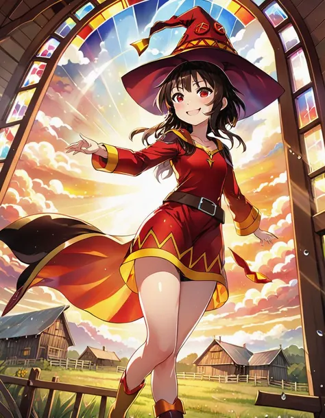 Stained glass style 1girl megumin,    from below, smiling ,
outside Art Deco Barn in Marsh, Scattered showers Weather Radiant sky at Sunrise
<lora:MeguminXL_v2.5:1>, <lora:SDXL - Wrong:1>, ZIP2D . Vibrant, beautiful, translucent, intricate, detailed