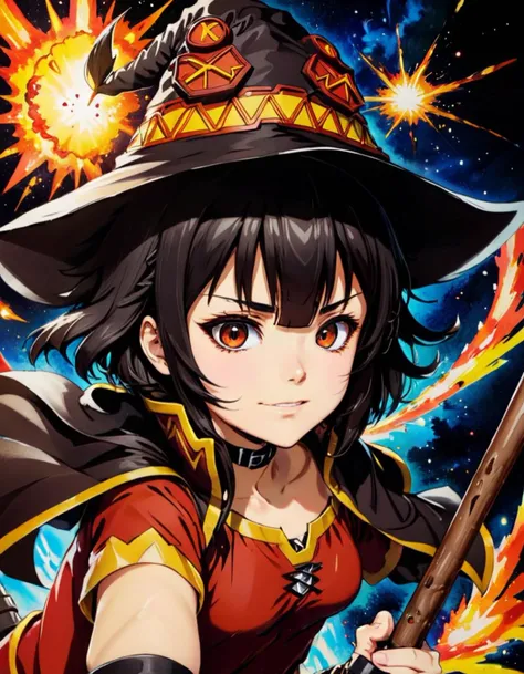 Marker Drawing 1girl megumin from konosuba, cloack,smileyhat, , explosion, ,
 <lora:MeguminXL:1>, <lora:SDXL - Wrong:1>, ZIP2D , bold marker lines, visibile paper texture, marker drawing