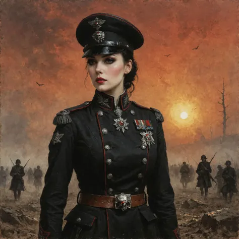 painting of a woman in a military uniform standing in a field