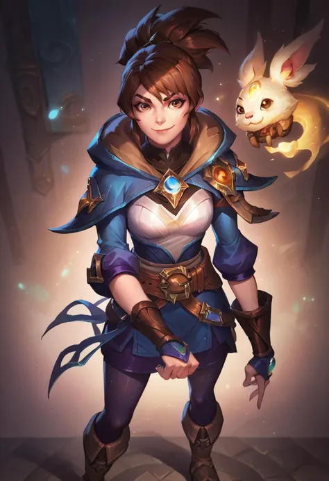 a woman in a blue outfit holding a cat and a bird