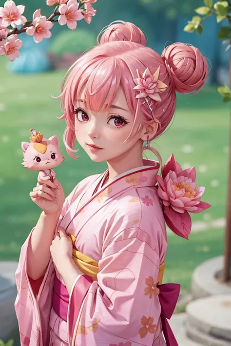 anime girl in pink kimono with a pink cat and a pink flower