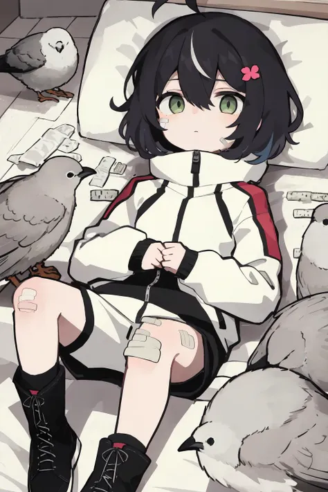 anime girl sitting on bed with pigeons and birds around her