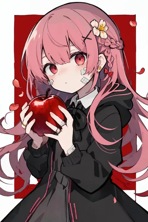 a close up of a person holding an apple with a flower in her hair