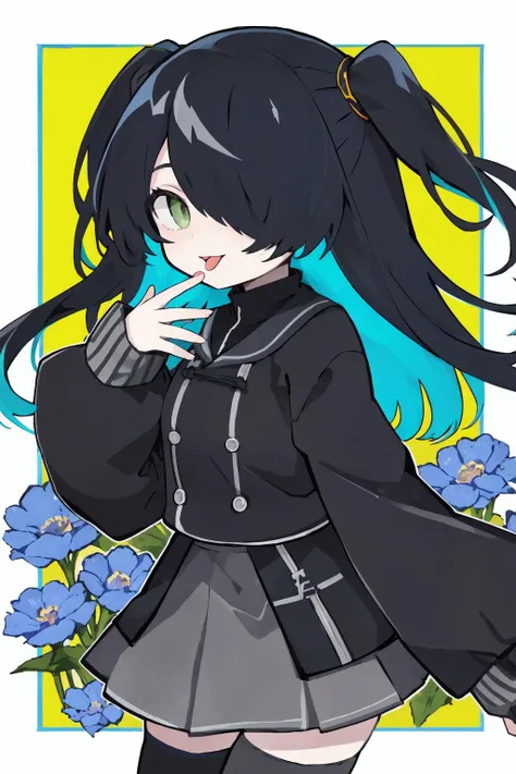 a cartoon image of a girl with long black hair and a black coat