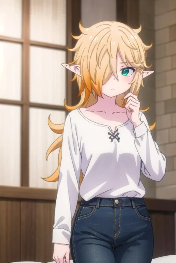 reviewerzel, <lora:reviewer zel female s1-lora-nochekaiser:1>,
zel, long hair, blonde hair, (green eyes:1.3), pointy ears, (hair over one eye:1.5), elf,
BREAK shirt, long sleeves, pants, denim, jeans, (white shirt:1.5), collarbone,
BREAK indoors, bed,
BREA...